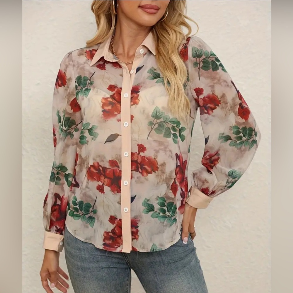 Floral Button-Down Blouse | Lightweight Slightly Sheer Long Sleeve Collared Top - Picture 4 of 4